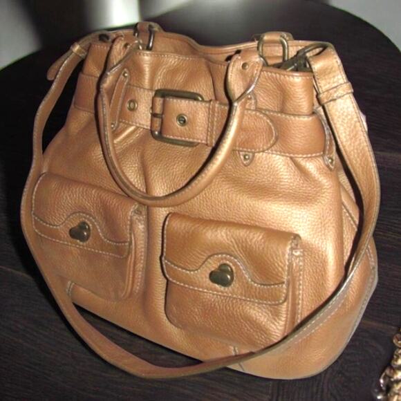 New! ColeHaan Bronze Buckle Pebbled Crossbody Bag with Pockets Medium  Vintage - Picture 7 of 8
